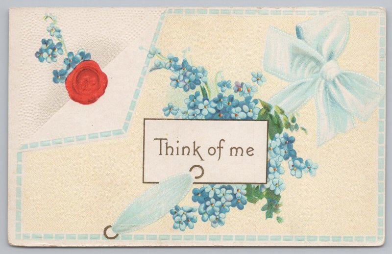 Greetings~Think of Me~Envelope~Forget Me Not~Blue Ribbon~Vintage Postcard