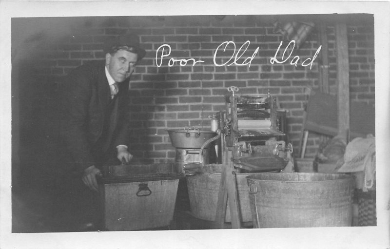 H10/ Interesting RPPC Postcard c1910 Poor Old Dad Washing Machine 30