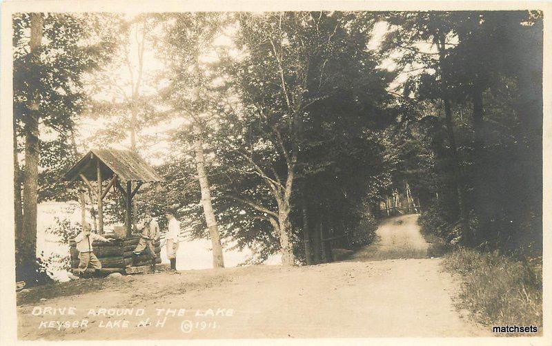 C-1920s Keyser Lake New Hampshire Drive around Lake RPPC real Photo 8518