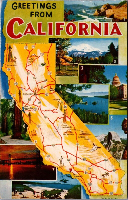 USA Greetings From California Map Chrome Postcard 09.95