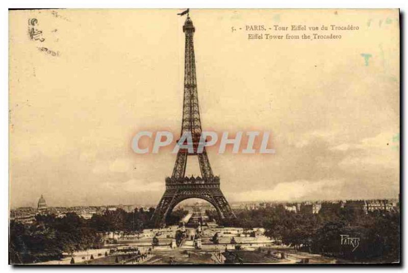 Old Postcard Paris Eiffel Tower vur of Tracodero