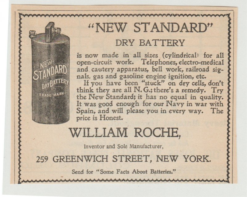 1899 Print Ad Dry Battery Made by William Roche,  259 Greenwich St, New York