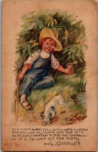 Phil Osopher Boy Overalls Dog Sitting on Edge of Pond Creek c1916 Postcard X19