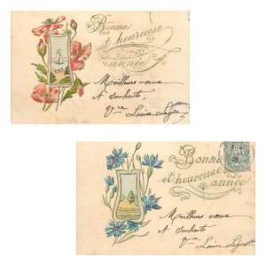 Unit of 2 embossed art nouveau floral fantasy greetings postcards 1906 France