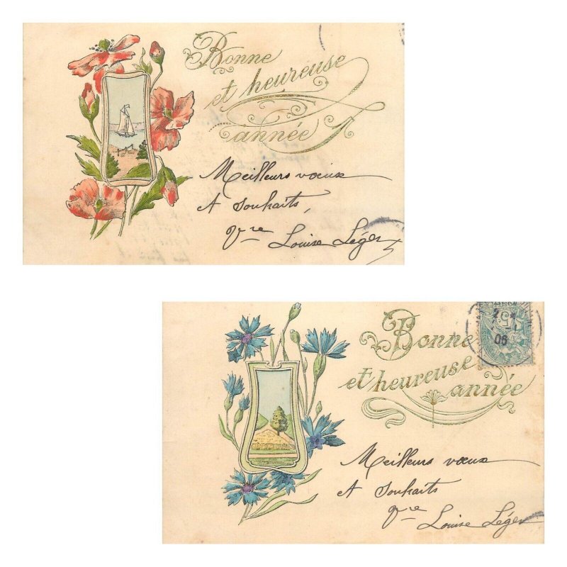 Unit of 2 embossed art nouveau floral fantasy greetings postcards 1906 France