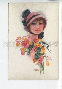 436109 USABAL Belle Girl w/ TULIPS Flowers Vintage postcard ERKAL