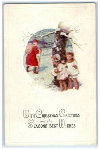 c1910's Christmas Greetings Children Hiding Santa Claus Winter Snow Postcard 