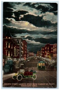 Fourth Street Looking West From Viaduct By Night Trolley Sioux City IA Postcard