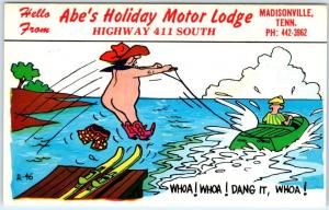 MADISONVILLE, TN   Waterskiing Naked Cowboy  ABE'S HOLIDAY MOTOR LODGE  Postcard