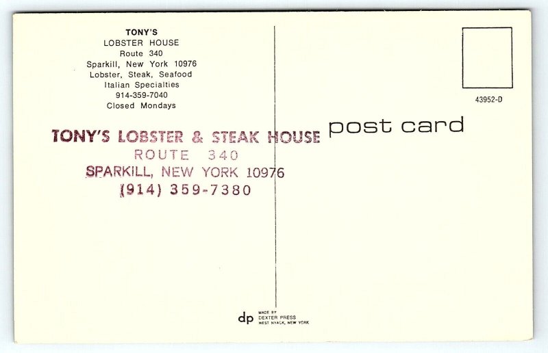 1970s SPARKILL NEW YORK TONY'S LOBSTER HOUSE OLD CARS RESTAURANT POSTCARD P833