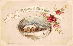 Blessed New Year Greetings Snow Covered Country Home 1915 postcard