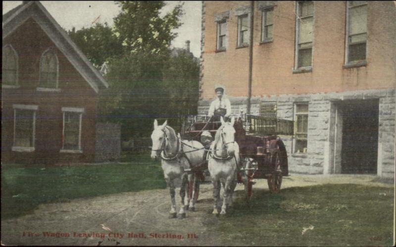 Sterling IL Fire Wagon Leaving City Hall c1910 Postcard