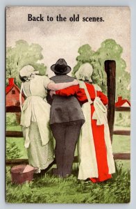 1915  Back To Old Scenes  Man With 2 Girls    Postcard