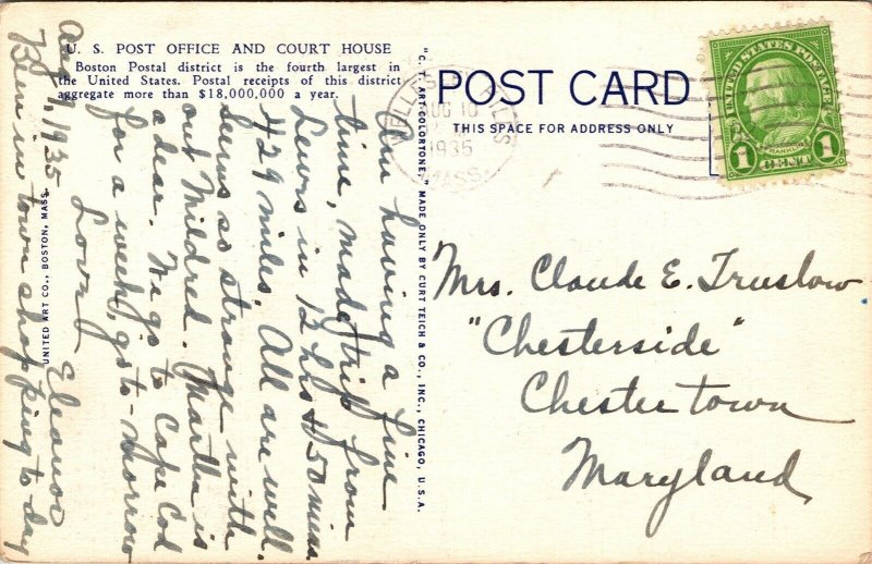 US Post Office Court House Boston Massachusetts MA Linen Postcard VTG PM Cancel 