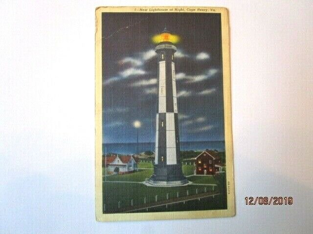 Cape Henry,VA Postcard New Lighthouse At Night,VA The Harry P. Cann & Bro..- L24