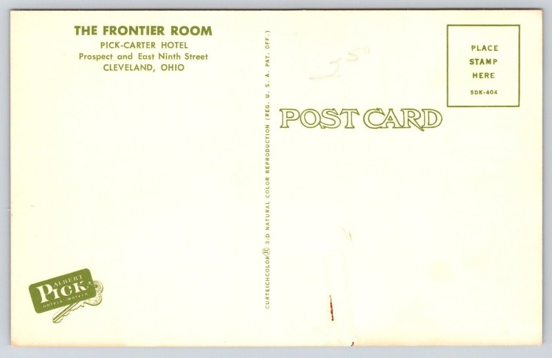 Interior~Cleveland Ohio~Pick-Carter Hotel~Frontier Room~Fireplace~1950s Postcard