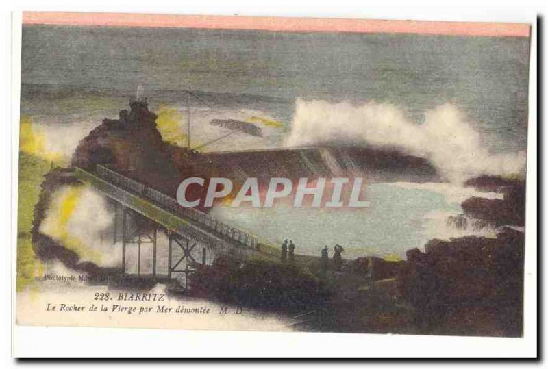 Biarritz Old Postcard The rock of the Virgin by sea disassembled