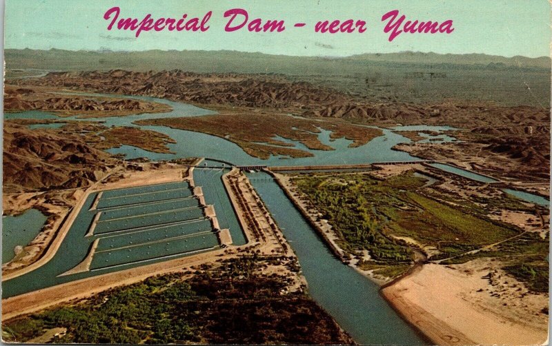 Imperial Dam Yuma Aerial Martinez Lake AZ Arizona VTG Postcard PM Brenham TX 