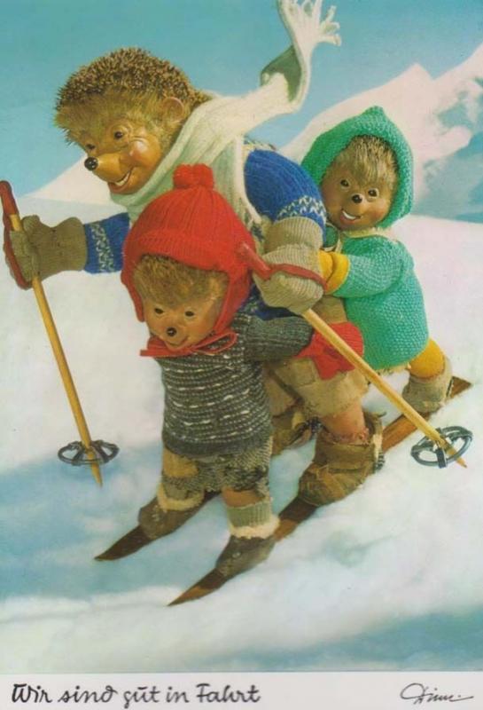 German Germany Teddy Bear Type Hedgehogs Ski Skiing On Snow Slopes Postcard