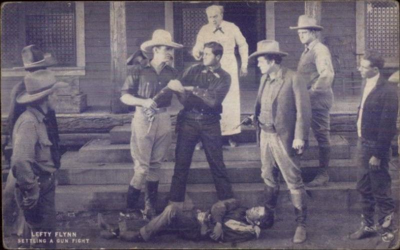 Cowboy Actor Vintage Arcade Exhibit Card LEFTY FLYNN SETTLING GUN FIGHT