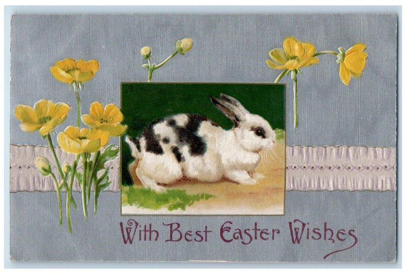 c1910's Easter Wishes Bunny Rabbit Flowers Winsch Back Embossed Antique Postcard 