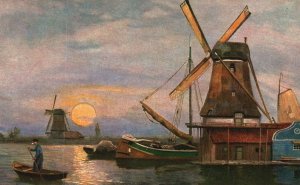 Vintage Postcard 1910's Beautiful View of Sunset Boating Windmill Nature Artwork