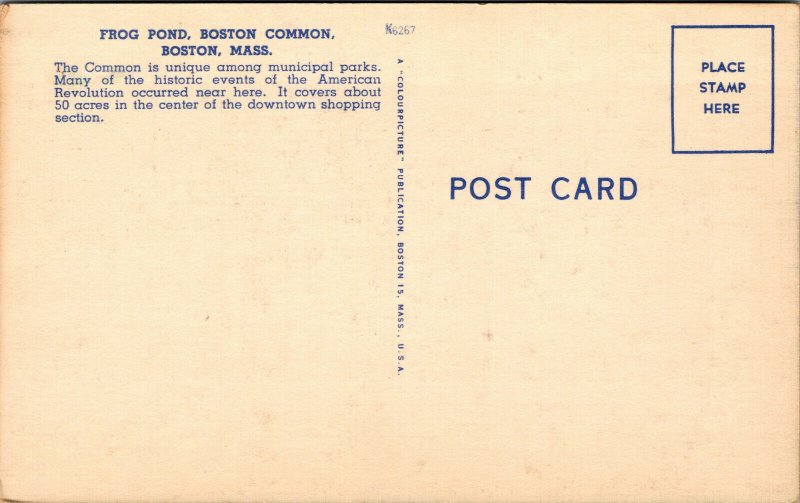 Vtg 1940s Frog Pond Boston Common Massachusetts MA Unused Linen Postcard