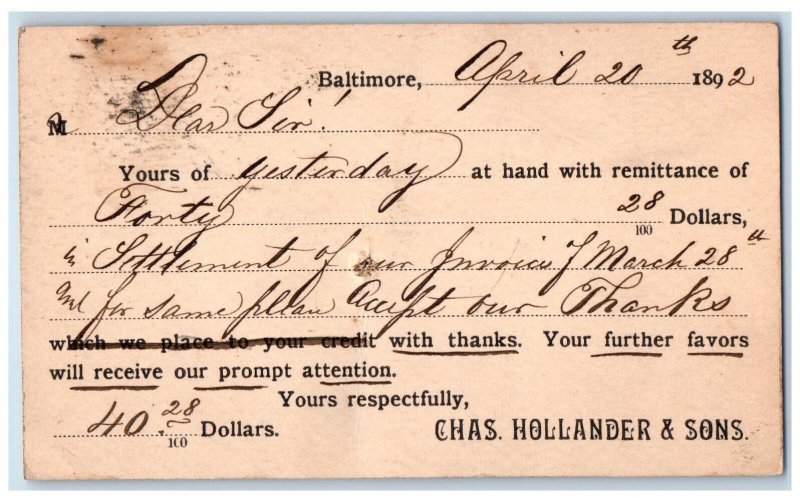 1892 Chas Hollander & Sons Baltimore MD AJ Griest Fleming PA Postal Card