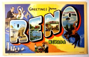 Greetings From Reno Nevada Large Letter Postcard Linen Curt Teich Gambling Horse