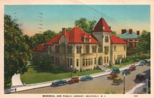 VINTAGE POSTCARD MEMORIAL AND PUBLIC LIBRARY AT WESTERLY RHODE ISLAND MAILED '37