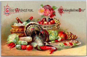 Postcard Thanksgiving Turkey stuck with flags and dinner fixings