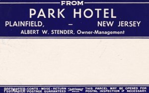 New Jersey Plainfield Park Hotel Vintage Luggage Label sk3135