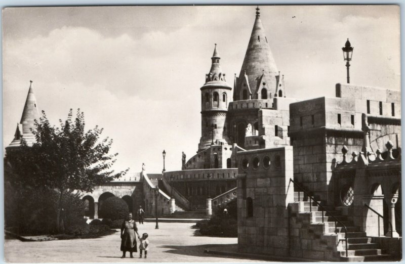 c1930s Budapest, Hungary RPPC Fisherman Bastion Medieval Castle Mother Boy A362