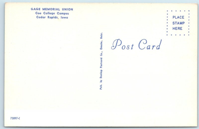 c1970s Cedar Rapids, IA Gage Memorial Union Greetings Coe College Chrome PC A309