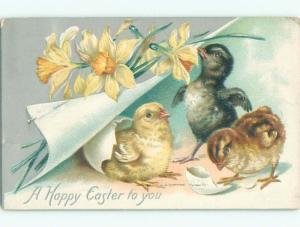 Pre-Linen easter RARE BLACK CHICK BESIDE YELLOW CHICKS k3079