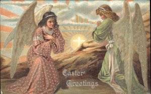 Easter Angels Pray at Sunset Christian Cross c1910 Vintage Postcard