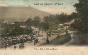 PC INDONESIA, SUMATRA, FORT DE KOCK EN VULKAAN MERAPI Vintage Postcard (b44640)