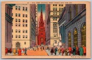 Vtg New York City NY Wall Street View Trinity Church 1930s Linen Card Postcard