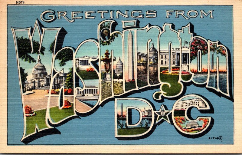 Washington D C Greetings Large Letter Linen 1939