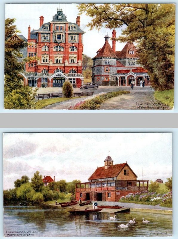 2 Postcards LLANDRINDOD WELLS, Wales UK ~ Boathouse Lake PUMP HOUSE HOTEL 1910s