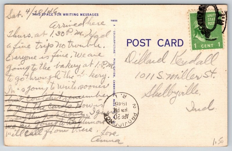 Providence Rhode Island~US Post Office Annex Bldg~Flag~Bench~Linen 1946 Postcard