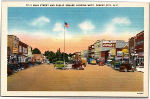 Postcard NC Forest City Main Street and Public Square Looking West