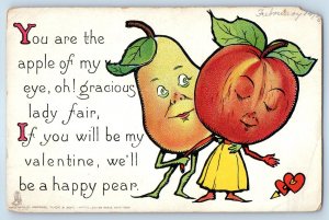 1906 Valentines Anthropomorphic Pear Apple Fruit Heads Hearts Tuck Postcard