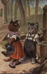 Cats Fantasy Dressed Cats as Kids Water Well Arthur Thiele c1910 Postcard