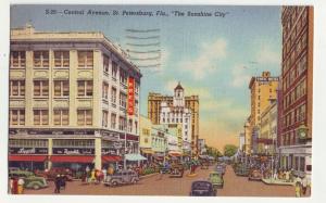 P1149 1947 postcard scene many old cars store signs etc st petersburg florida