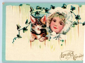 Joseph Oregon OR Postcard Loving Greeting Kitten And Little Girl Embossed c1910s