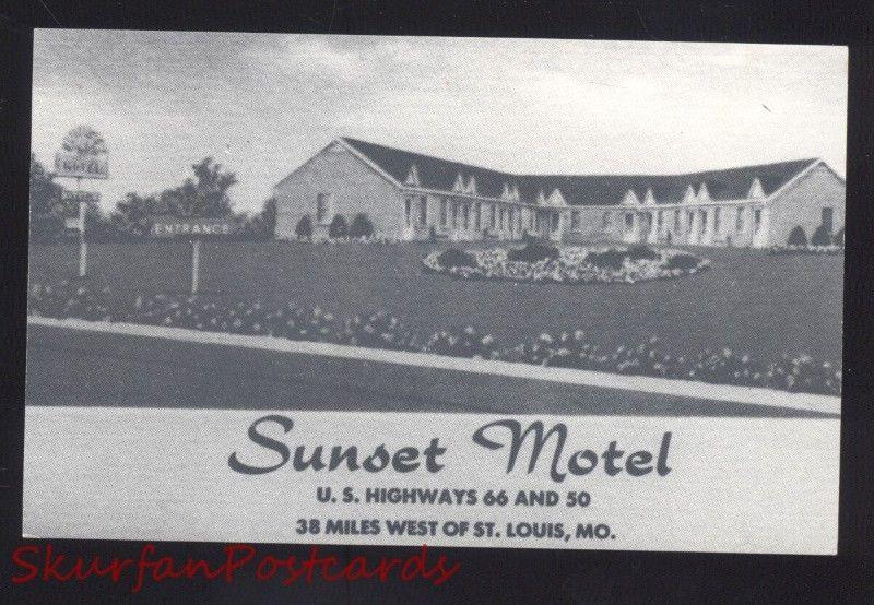 GRAY SUMMIT MISSOURI ROUTE 66 SUNSET MOTEL LINEN B&W POSTCARD MO.