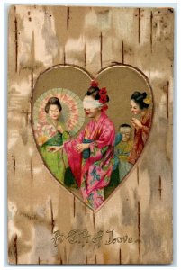 c1905 Valentine Gift Of Love Heart Japanese Blindfolded Nash Embossed Postcard