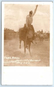 RPPC MILES CITY, MT Montana ~Roundup Rodeo c1920s PARR RIDING BRONCO Postcard