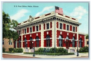 Pekin Illinois IL Postcard US Post Office Building Scene Street c1930's Vintage